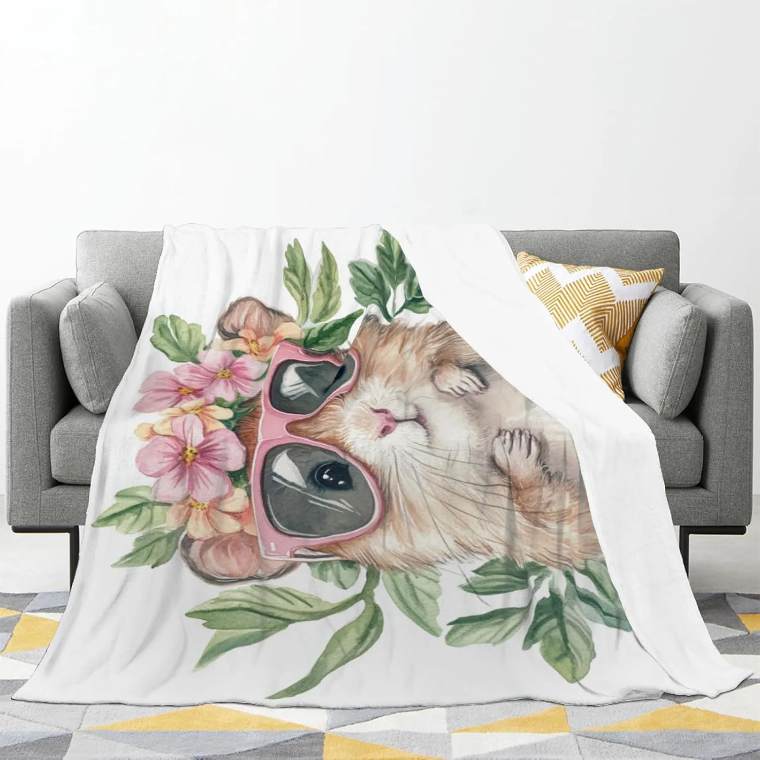 Hamster Floral Throw Blanket, Art Flower Blanket, Cozy Plush Flannel Blanket for Bed Couch Sofa Room Decor and Travel, Women Girls Wife 50x60 Inch