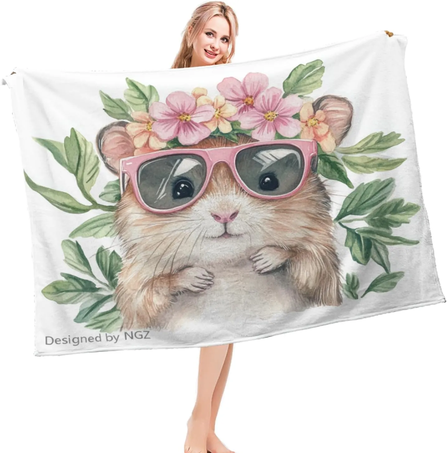 Hamster Floral Throw Blanket, Art Flower Blanket, Cozy Plush Flannel Blanket for Bed Couch Sofa Room Decor and Travel, Women Girls Wife 50x60 Inch