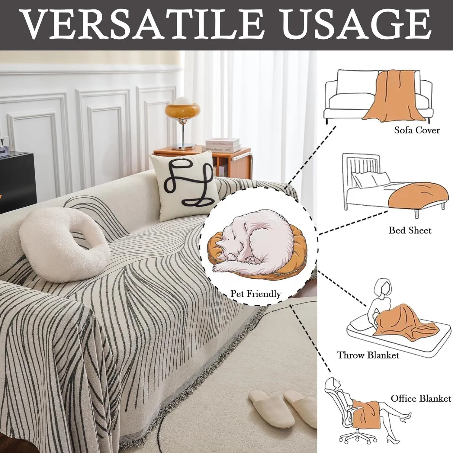 HANDONTIME Chenille Sofa Cover Simple Striped Dog Couch Protector, Beige Grey, Mountain Geometric L Shaped Couch Farmhouse Sectional Covers, Pet Furniture, 71" x 134"