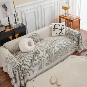 HANDONTIME Chenille Sofa Cover Simple Striped Dog Couch Protector, Beige Grey, Mountain Geometric L Shaped Couch Farmhouse Sectional Covers, Pet Furniture, 71" x 134"