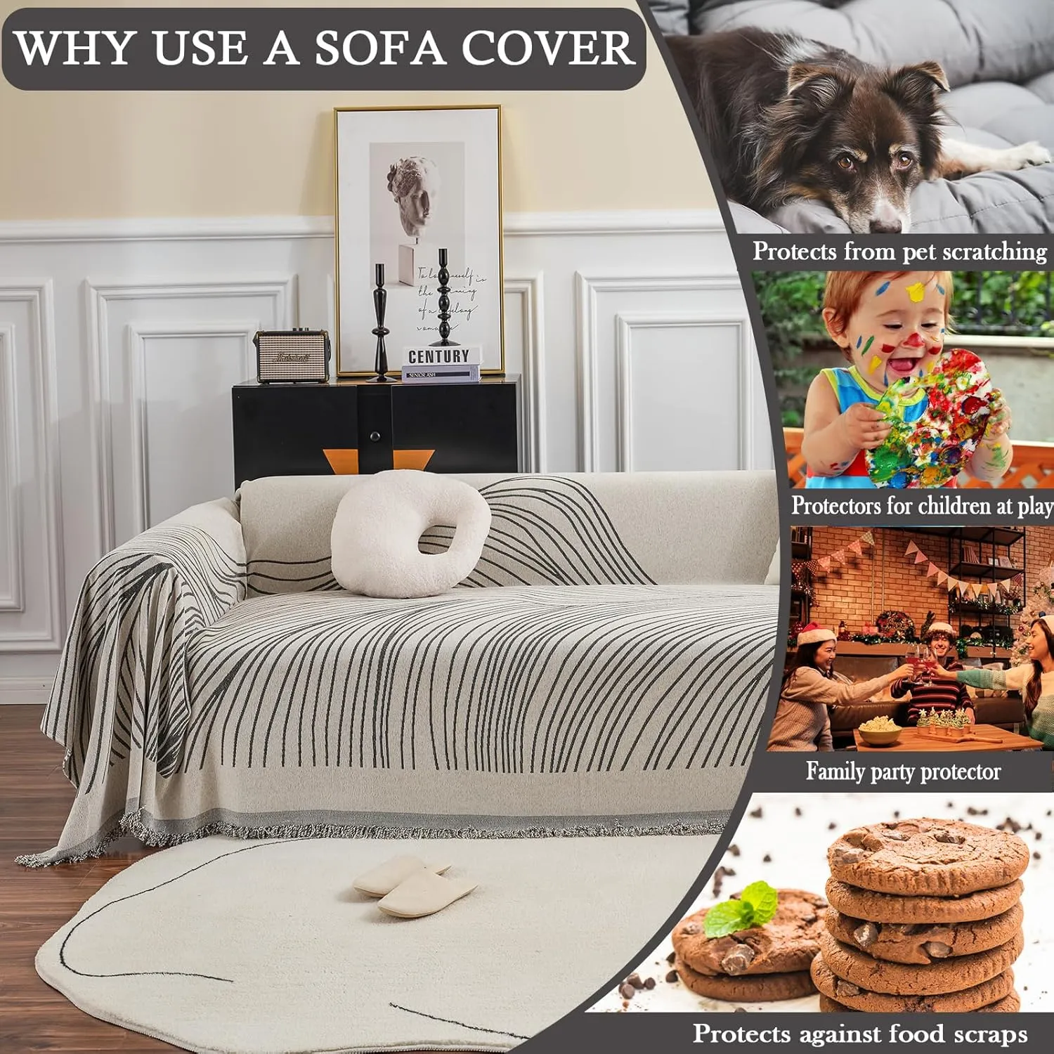 HANDONTIME Chenille Sofa Cover Simple Striped Dog Couch Protector, Beige Grey, Mountain Geometric L Shaped Couch Farmhouse Sectional Covers, Pet Furniture, 71" x 134"