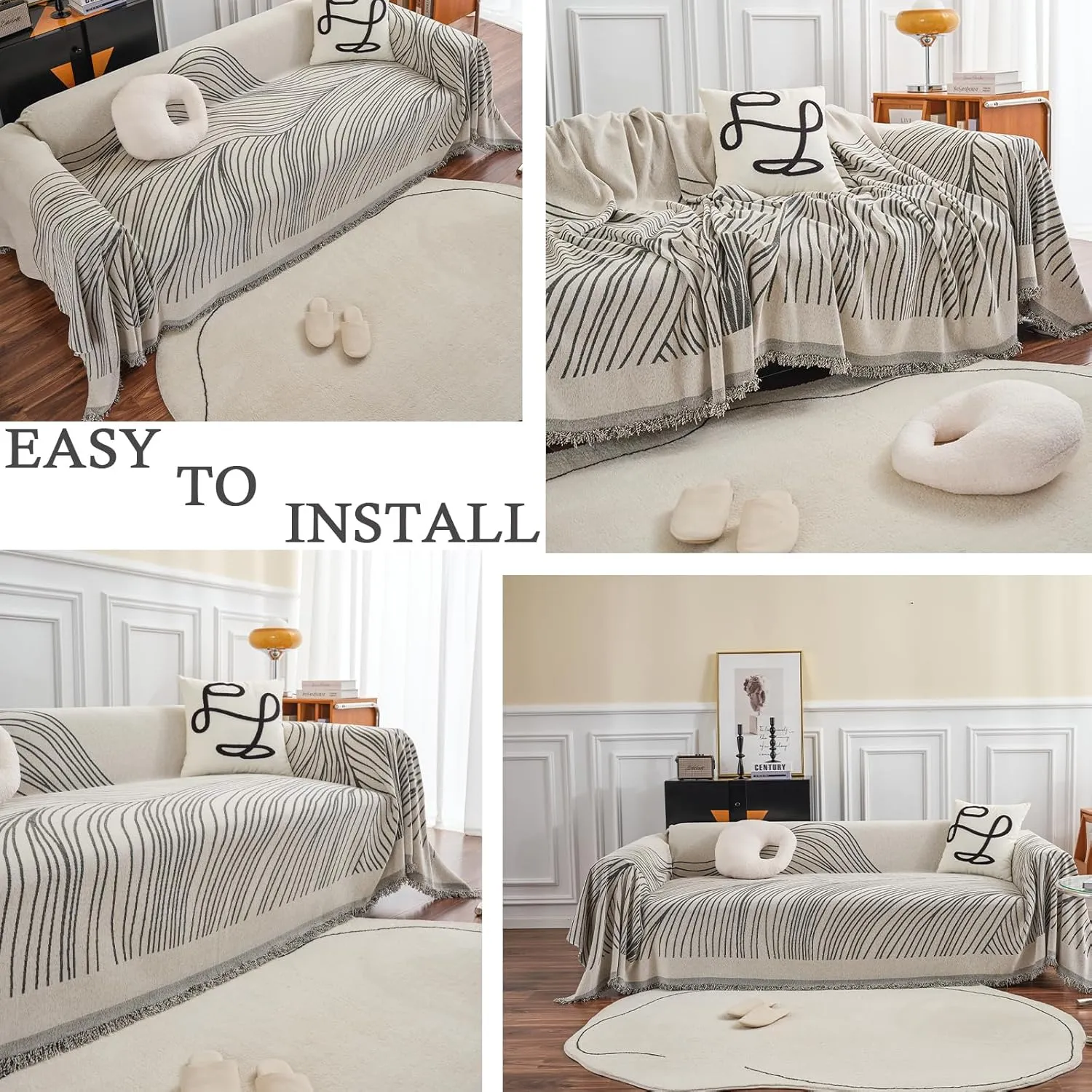 HANDONTIME Chenille Sofa Cover Simple Striped Dog Couch Protector, Beige Grey, Mountain Geometric L Shaped Couch Farmhouse Sectional Covers, Pet Furniture, 71" x 134"
