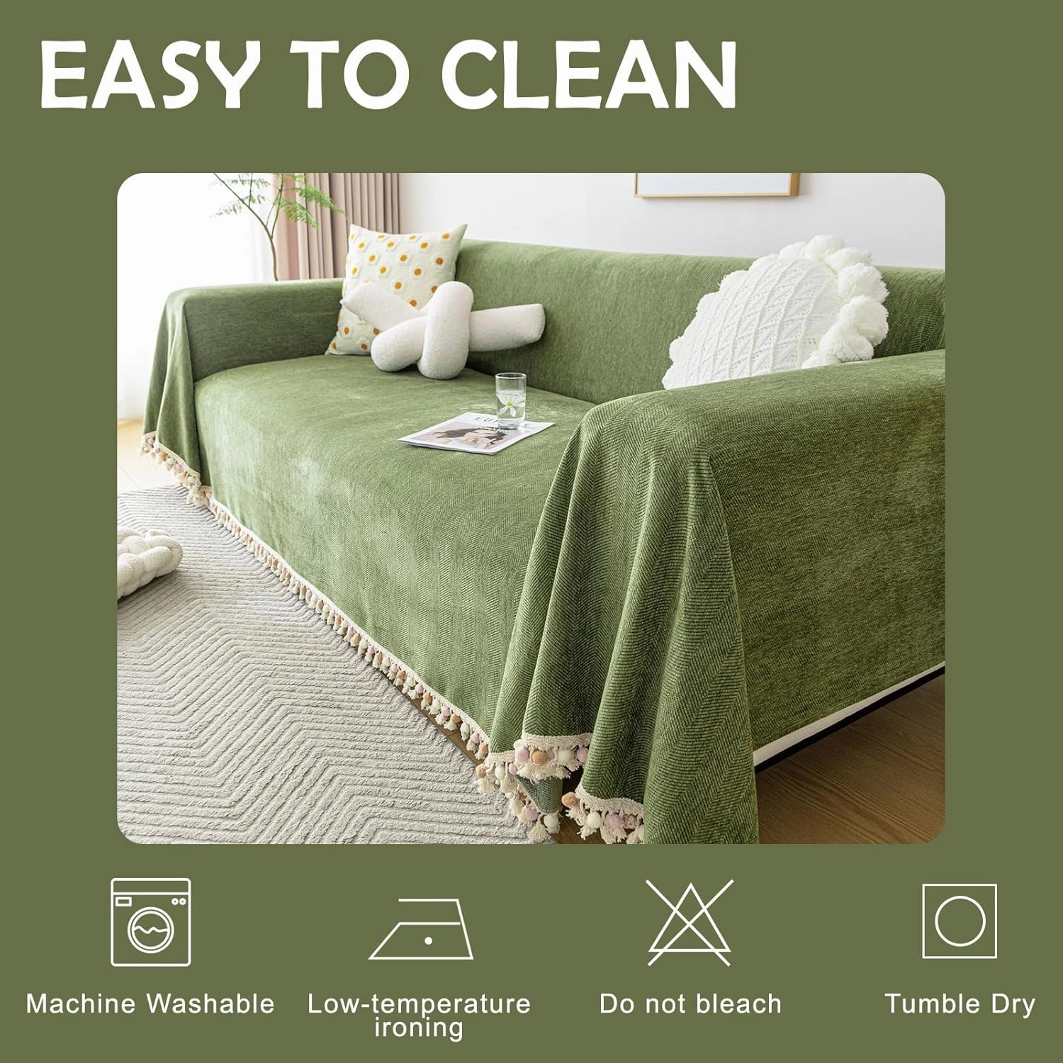 HANDONTIME Green Sofa Cover Vintage Couch Cover for Dogs 71" X118" Couch Cushion Covers with Tassel Herringbone Sofa Cover Boho Sofa Covers for 3 Cushion Couch Chenille Soft Loveseat Sofa Covers