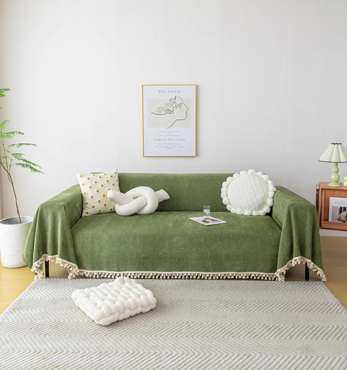 HANDONTIME Green Sofa Cover Vintage Couch Cover for Dogs 71" X118" Couch Cushion Covers with Tassel Herringbone Sofa Cover Boho Sofa Covers for 3 Cushion Couch Chenille Soft Loveseat Sofa Covers