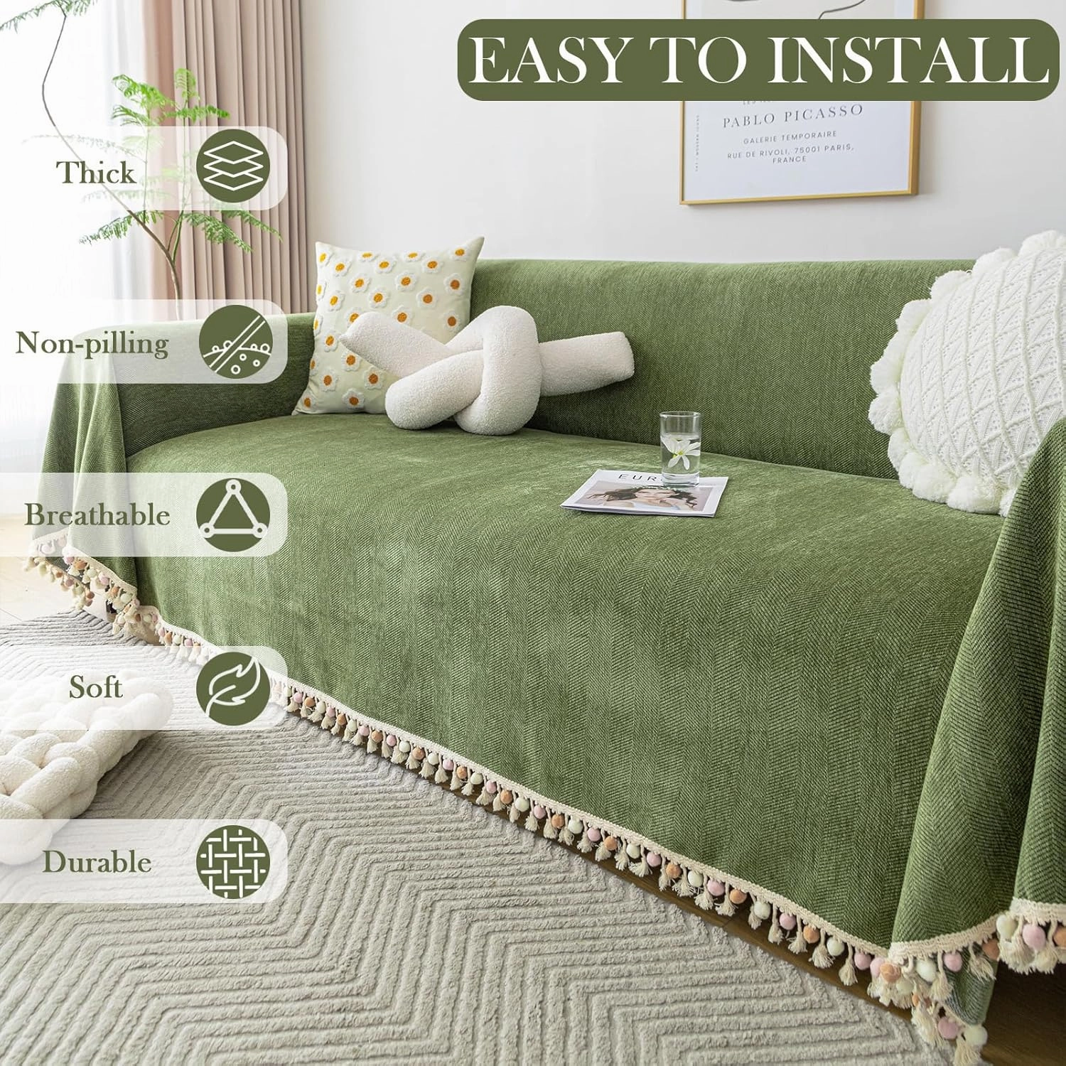 HANDONTIME Green Sofa Cover Vintage Couch Cover for Dogs 71" X118" Couch Cushion Covers with Tassel Herringbone Sofa Cover Boho Sofa Covers for 3 Cushion Couch Chenille Soft Loveseat Sofa Covers