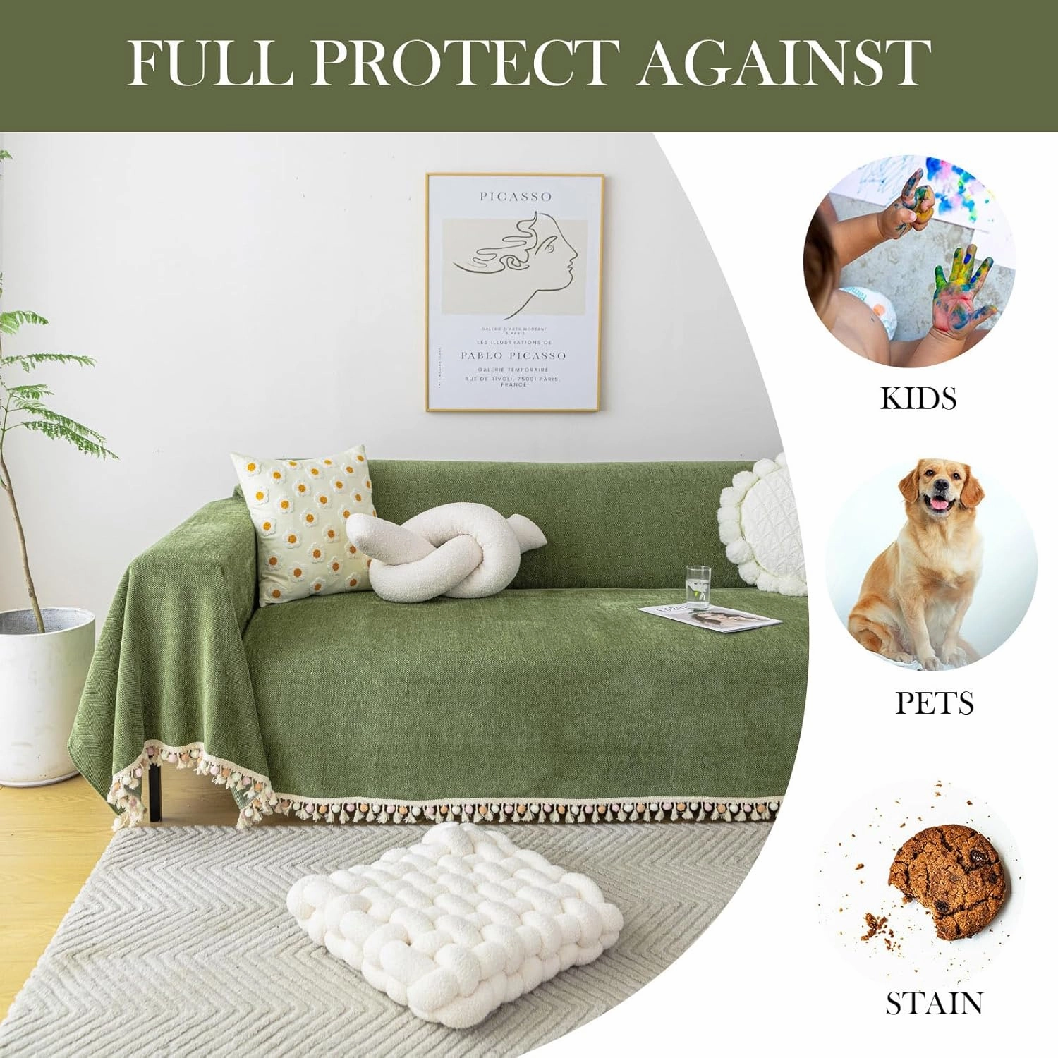 HANDONTIME Green Sofa Cover Vintage Couch Cover for Dogs 71" X118" Couch Cushion Covers with Tassel Herringbone Sofa Cover Boho Sofa Covers for 3 Cushion Couch Chenille Soft Loveseat Sofa Covers