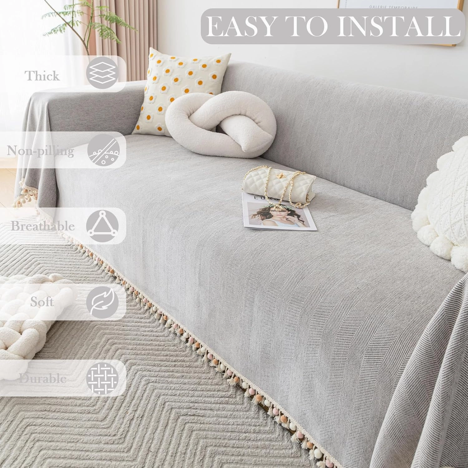 HANDONTIME Grey Sofa Cover for Couch Boho Couch Cover for 3 Seat Couch Dog Couch Cover Love Seat Couch Covers Light Grey Sofa Sectional Cover 71" X118" Tassel Chenille Herringbone Sofa Covers