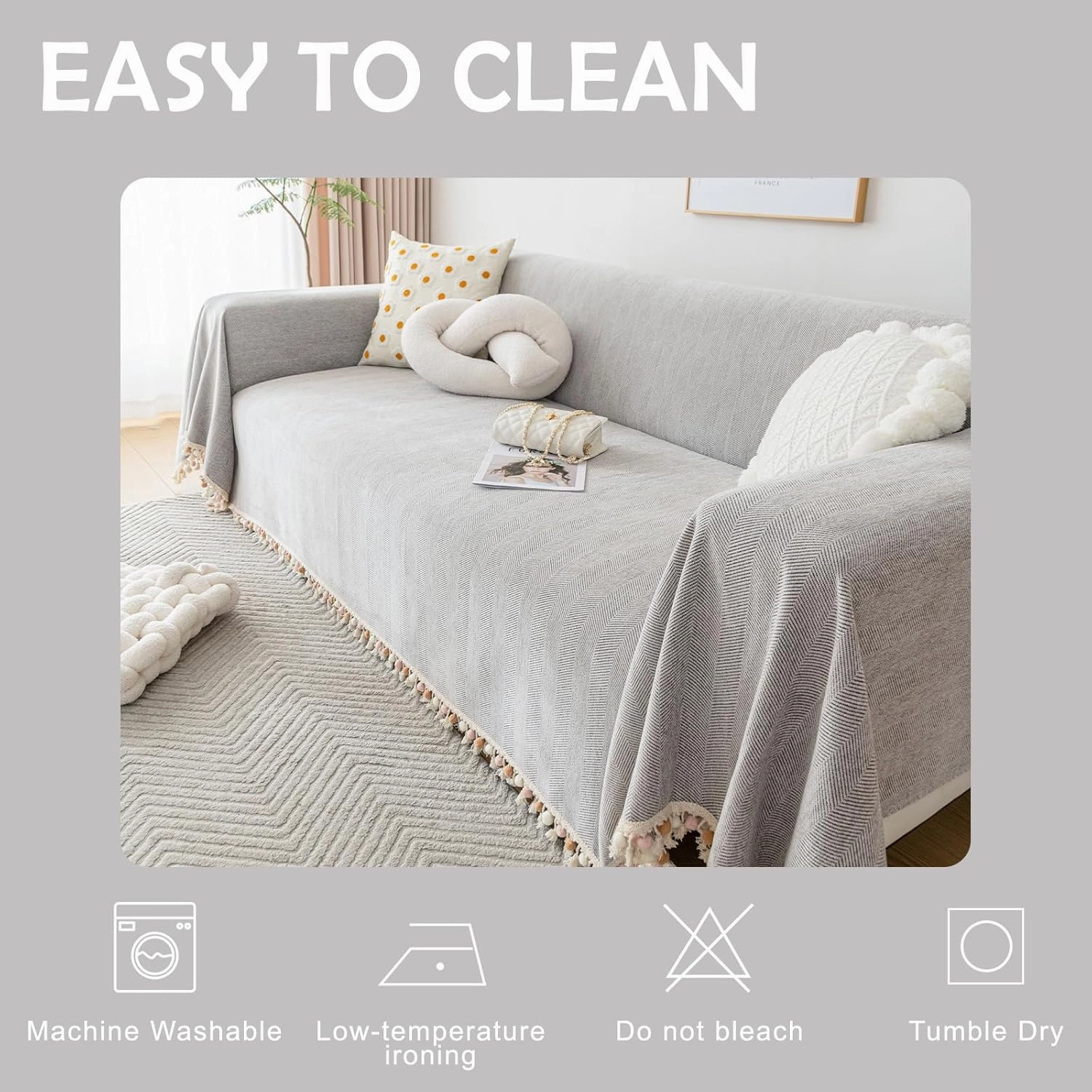 HANDONTIME Grey Sofa Cover for Couch Boho Couch Cover for 3 Seat Couch Dog Couch Cover Love Seat Couch Covers Light Grey Sofa Sectional Cover 71" X118" Tassel Chenille Herringbone Sofa Covers