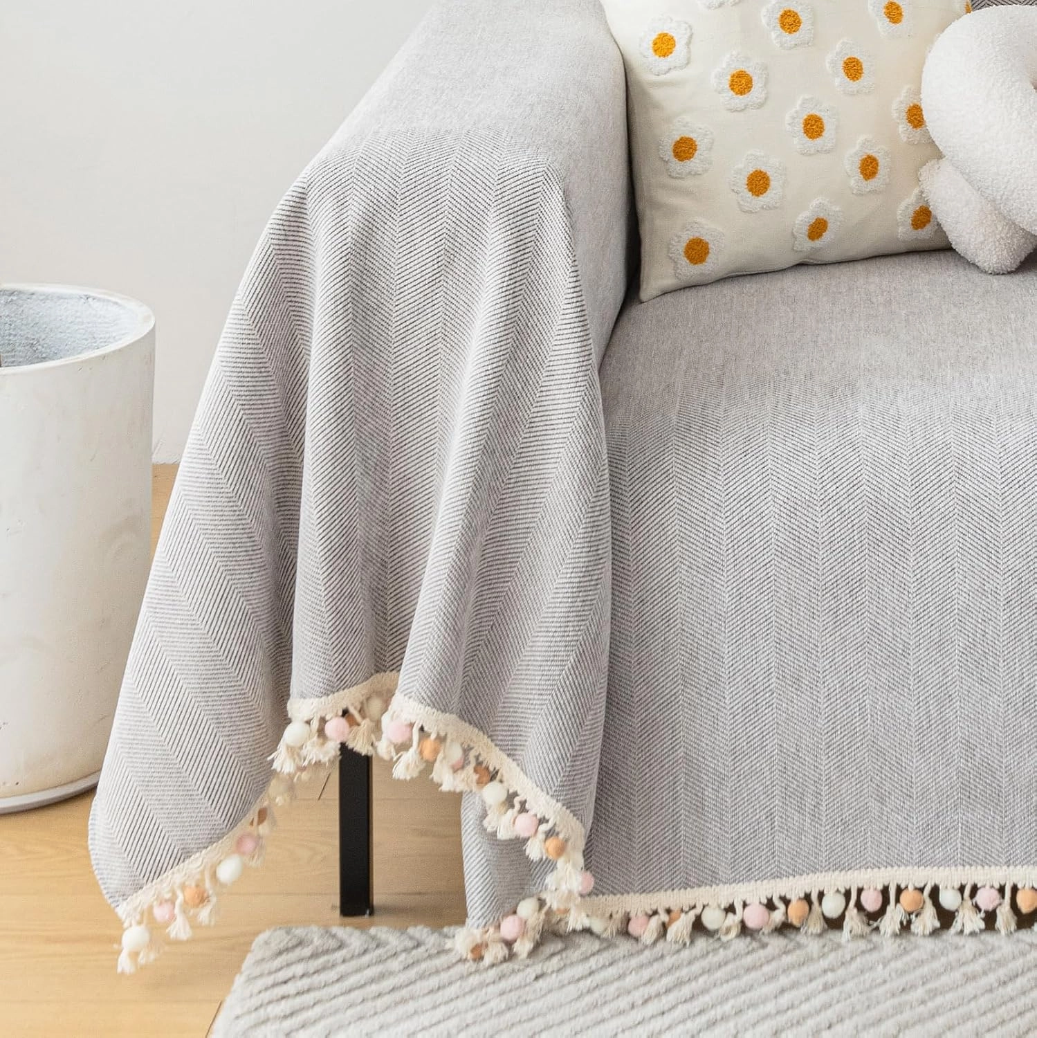 HANDONTIME Grey Sofa Cover for Couch Boho Couch Cover for 3 Seat Couch Dog Couch Cover Love Seat Couch Covers Light Grey Sofa Sectional Cover 71" X118" Tassel Chenille Herringbone Sofa Covers