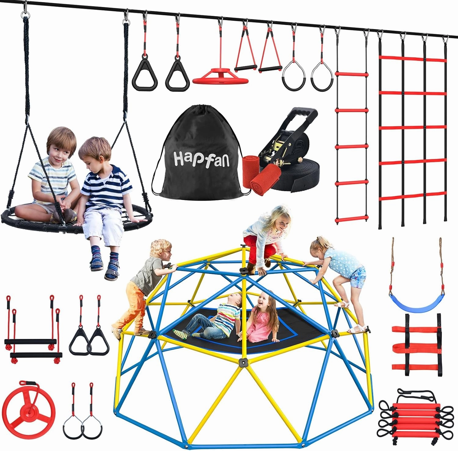 Hapfan Jungle Gym Bundle-50 ft Slack Swing Set and 10 ft Dome with Hammock