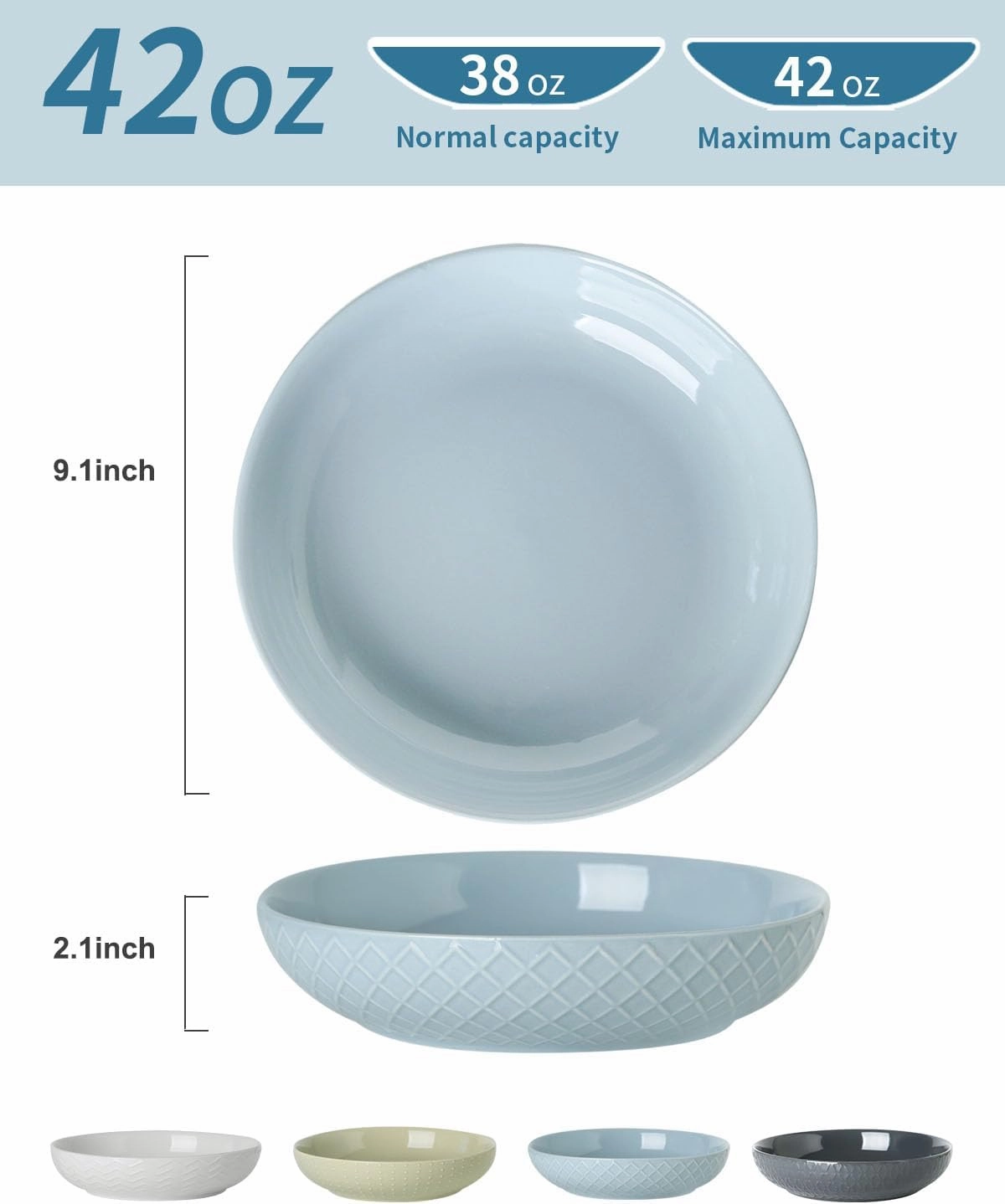 Hasense 9" Large Pasta Bowls, 42 OZ Ceramic Salad Bowls Set of 4 for Serving Pasta, Soup, Salad and Dinner, Embossed Wide and Shallow Pasta Plates for Kitchen and Eating, Microwave Safe, Colorful