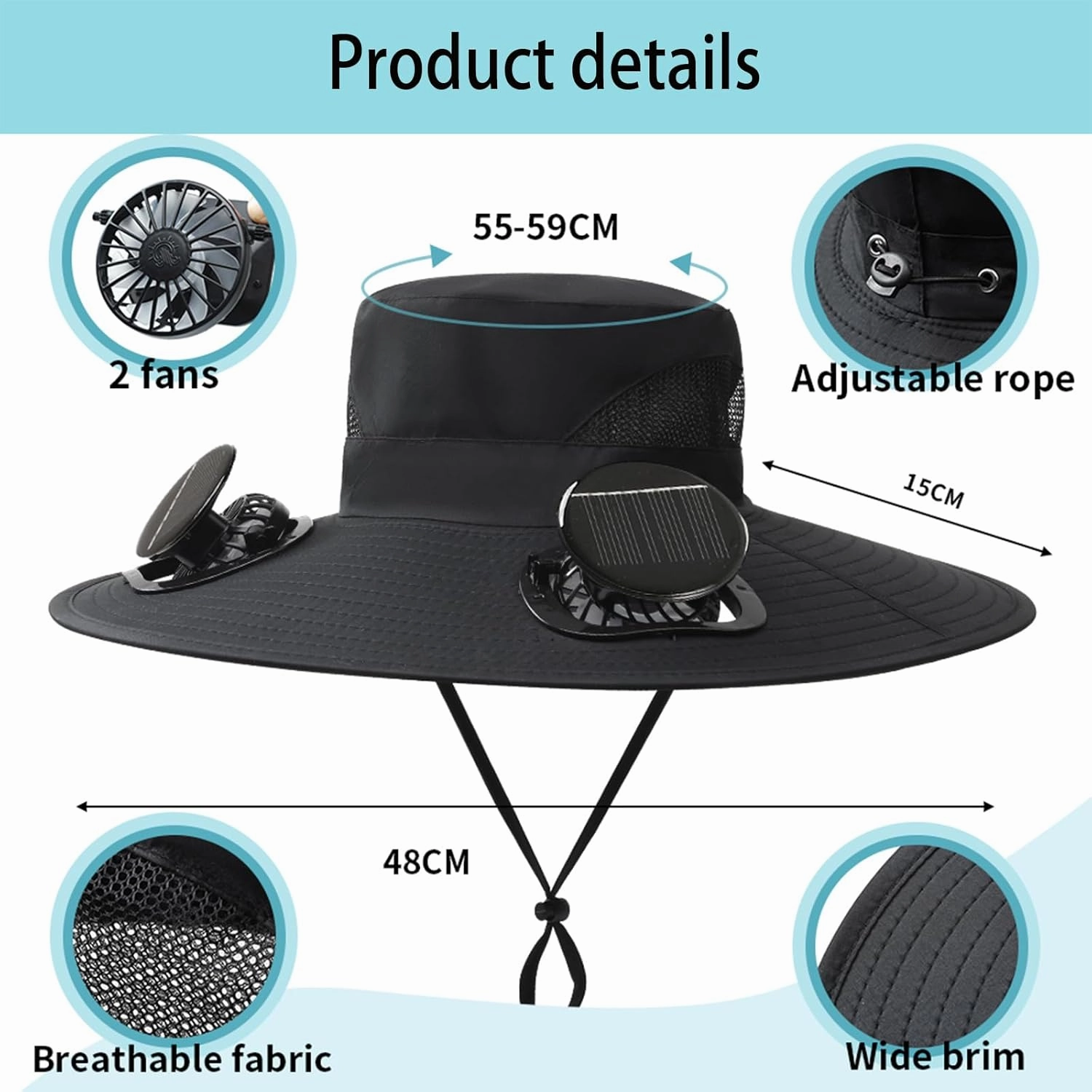 Hat with Fans Solar Power, UPF 50  Outdoor Solor Sun Hat Wide Brim Sun Hat with 2 Solar Fan Sun Bucket Hat for Men Women