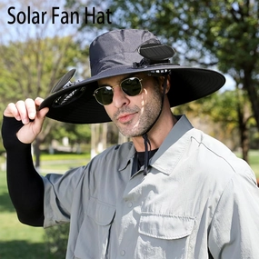 Hat with Fans Solar Power, UPF 50  Outdoor Solor Sun Hat Wide Brim Sun Hat with 2 Solar Fan Sun Bucket Hat for Men Women