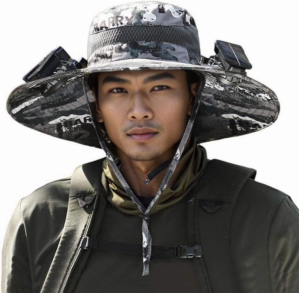 Hat with Fans Solar Power, Wide Brim Sun Hat with 2 Solar Fan for Men Women, UPF 50  Bucket Fishing Hat with Fan Built in
