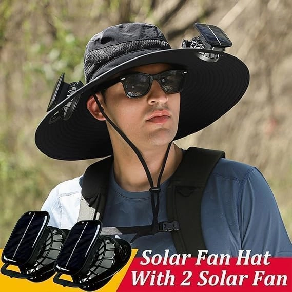 Hat with Fans Solar Power, Wide Brim Sun Hat with 2 Solar Fan for Men Women, UPF 50  Bucket Fishing Hat with Fan Built in