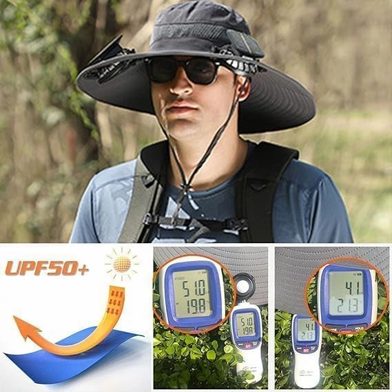 Hat with Fans Solar Power, Wide Brim Sun Hat with 2 Solar Fan for Men Women, UPF 50  Bucket Fishing Hat with Fan Built in