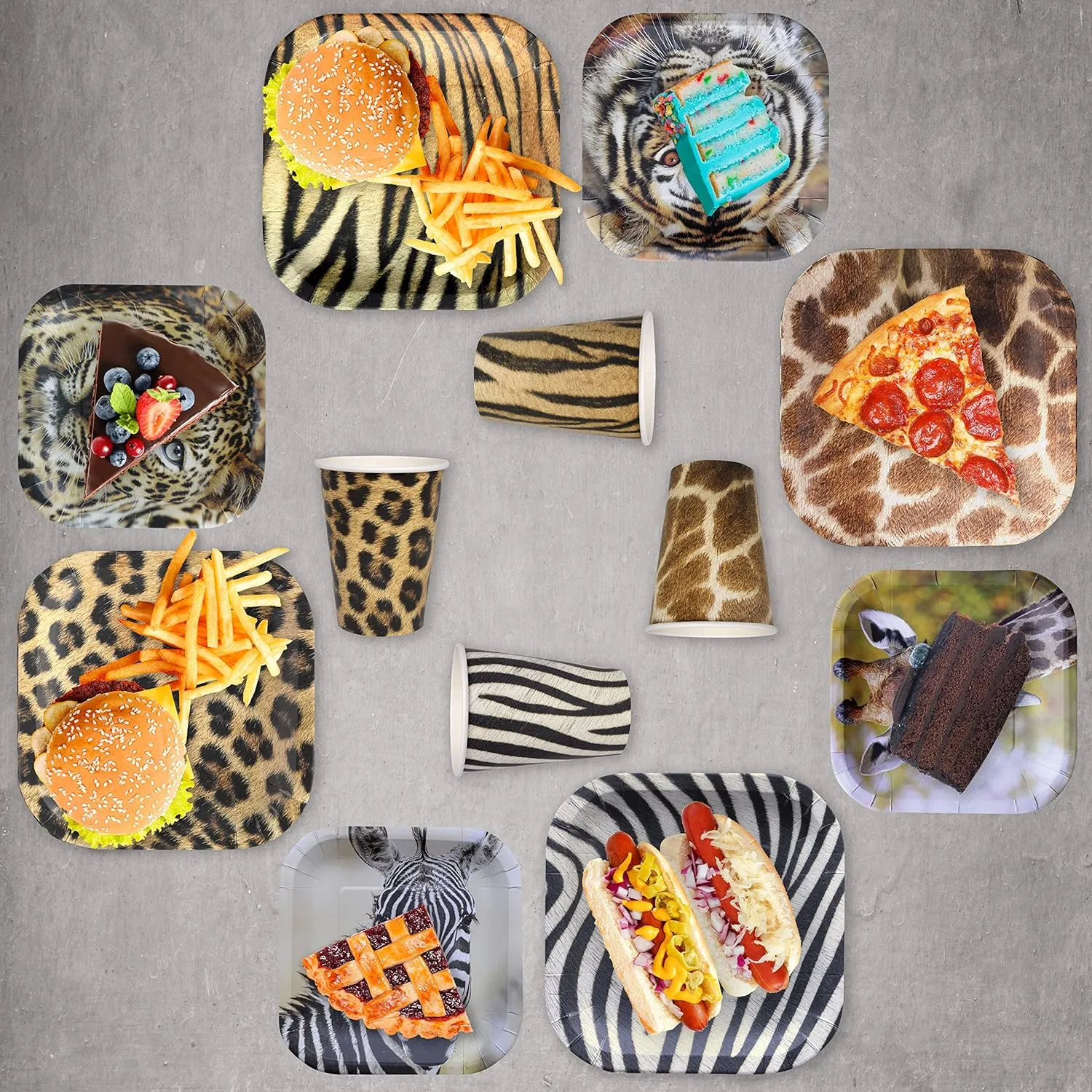 Havercamp Safari Party Supplies for 16 – Tiger Plates, Leopard Print and Jungle Cups, Animal Print Disposable Dinnerware Set