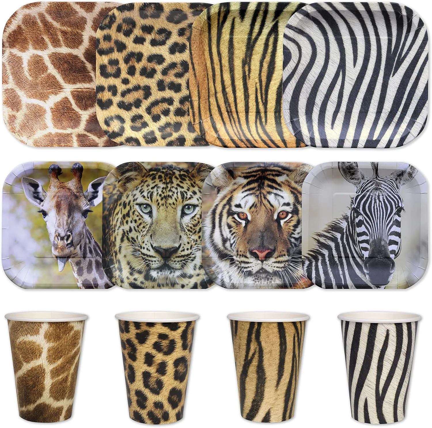 Havercamp Safari Party Supplies for 16 – Tiger Plates, Leopard Print and Jungle Cups, Animal Print Disposable Dinnerware Set
