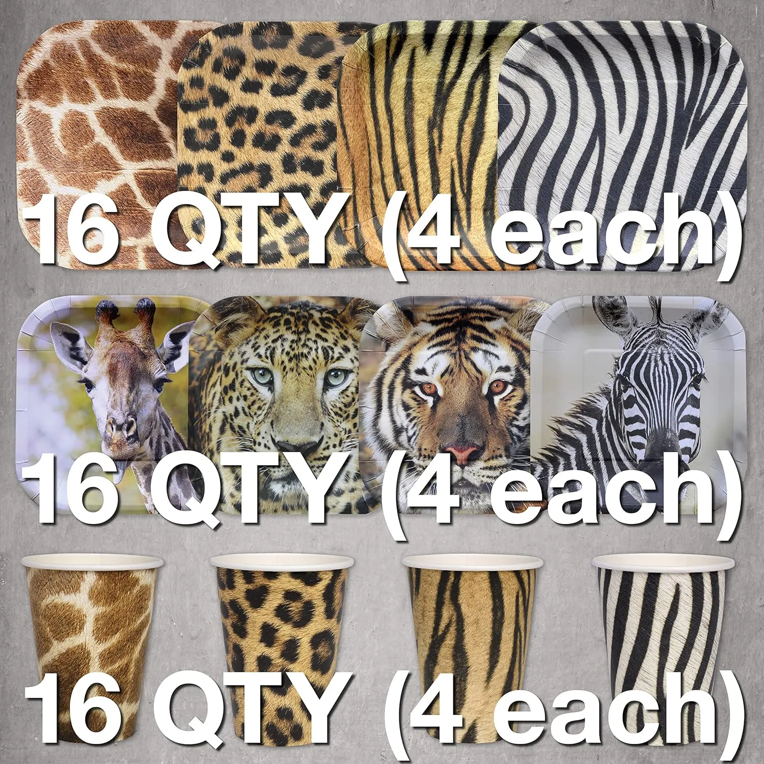 Havercamp Safari Party Supplies for 16 – Tiger Plates, Leopard Print and Jungle Cups, Animal Print Disposable Dinnerware Set