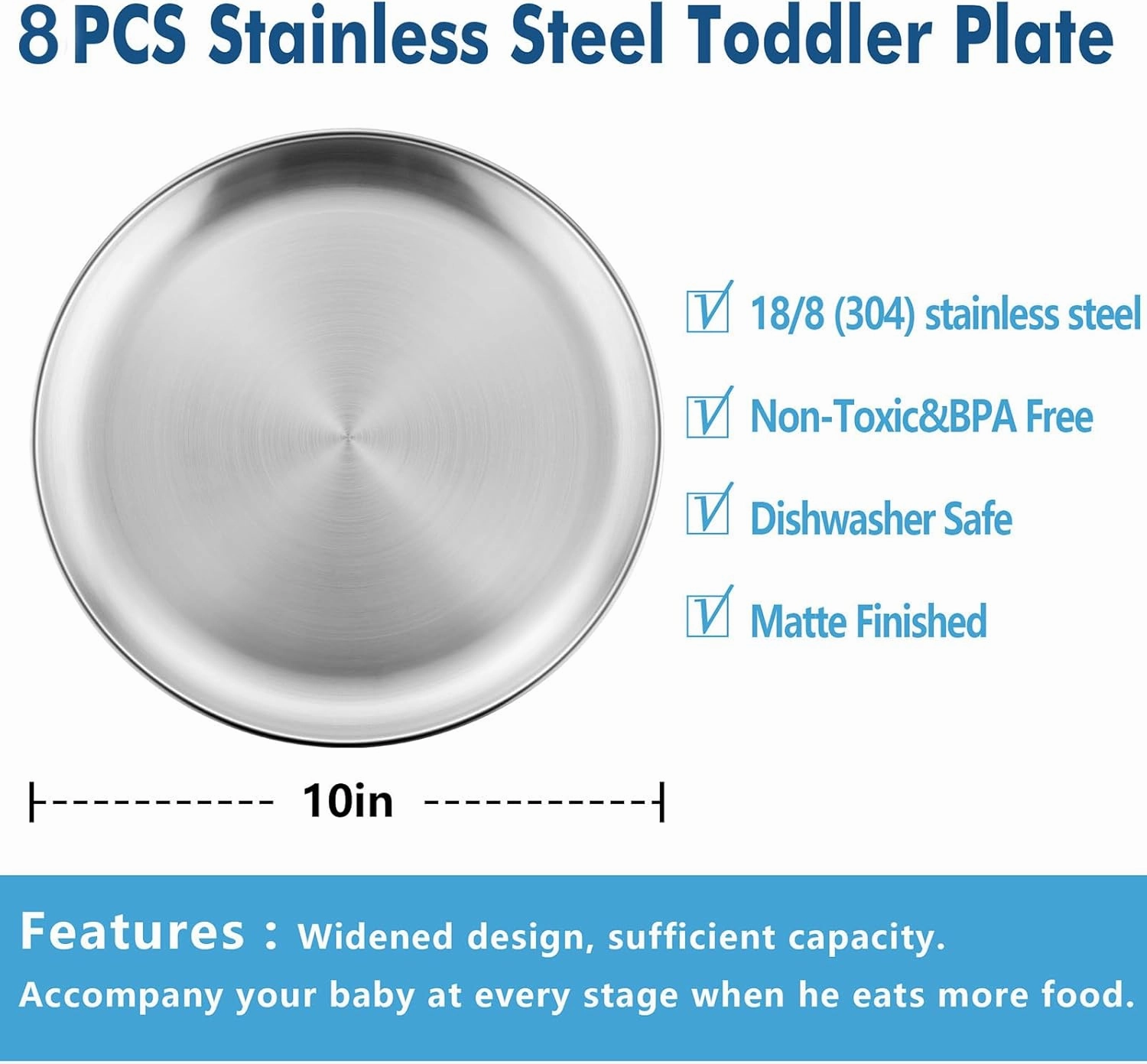 HaWare 8-Piece 18/8 Stainless Steel Plates, Metal 304 Dinner Dishes for Kids Toddlers Children, 10 Inches Feeding Serving Camping Plates, Reusable and Dishwasher Safe