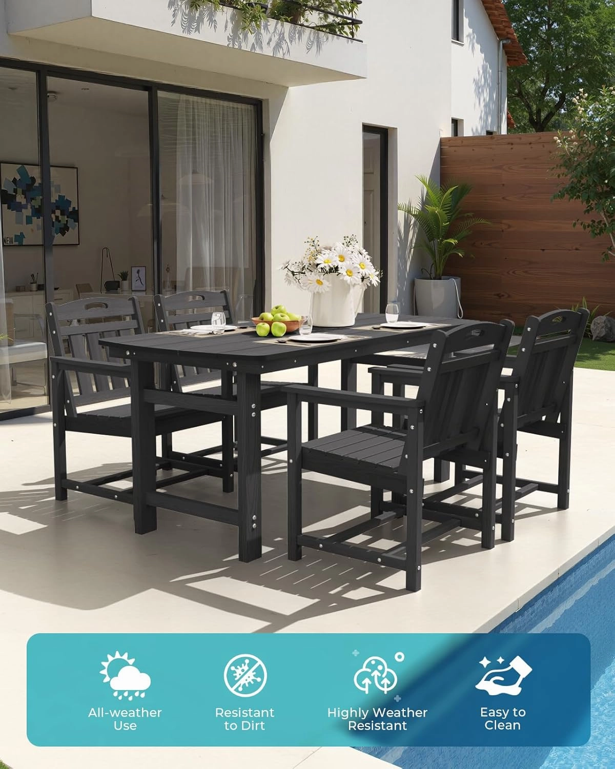 HDPE Outdoor Dining Set 5-Piece Outdoor Table and Chairs with Umbrella Hole, All-Weather Patio Dining Set for 4, Durable Patio Furniture Set for Backyard, Garden, Lawn & Poolside, Black