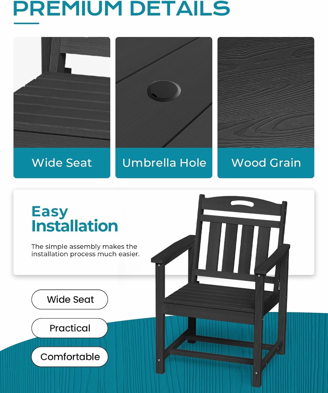 HDPE Outdoor Dining Set 5-Piece Outdoor Table and Chairs with Umbrella Hole, All-Weather Patio Dining Set for 4, Durable Patio Furniture Set for Backyard, Garden, Lawn & Poolside, Black