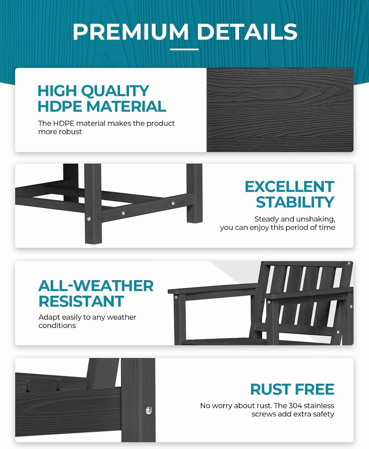 HDPE Outdoor Dining Set 5-Piece Outdoor Table and Chairs with Umbrella Hole, All-Weather Patio Dining Set for 4, Durable Patio Furniture Set for Backyard, Garden, Lawn & Poolside, Black