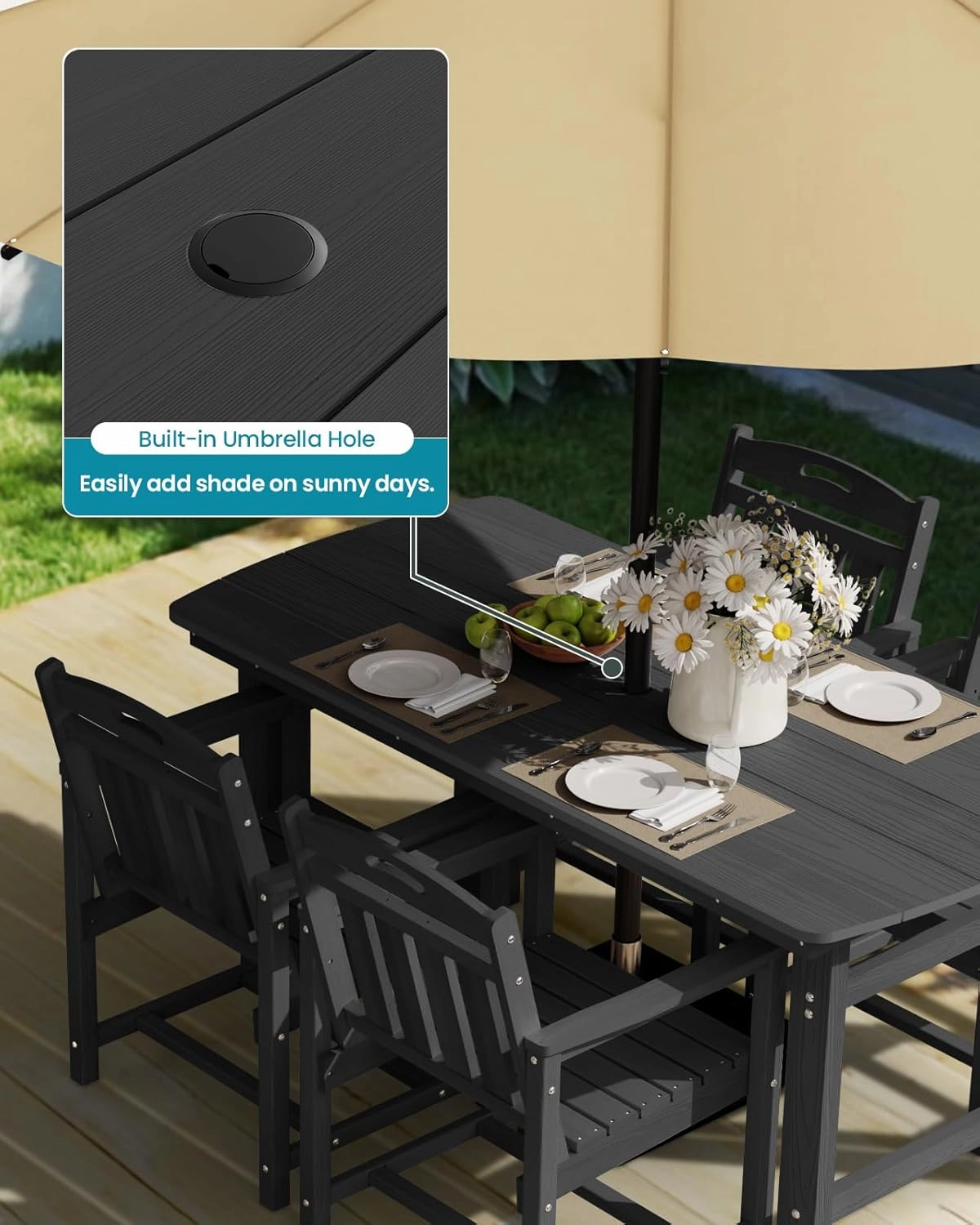 HDPE Outdoor Dining Set 5-Piece Outdoor Table and Chairs with Umbrella Hole, All-Weather Patio Dining Set for 4, Durable Patio Furniture Set for Backyard, Garden, Lawn & Poolside, Black