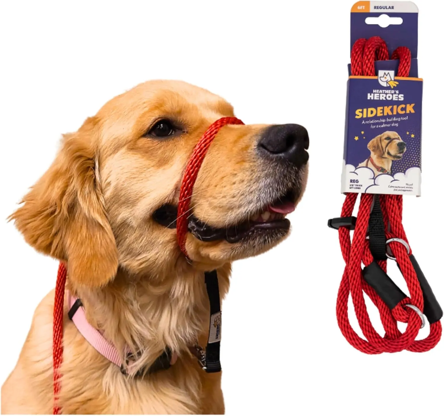 Heather's Heroes Sidekick Dog Headcollar with Leash - Sidekick Leash for Dogs, Effective Dog Training Tool for Leash Reactivity and Behavior Issues (Regular (3/8"), Red)