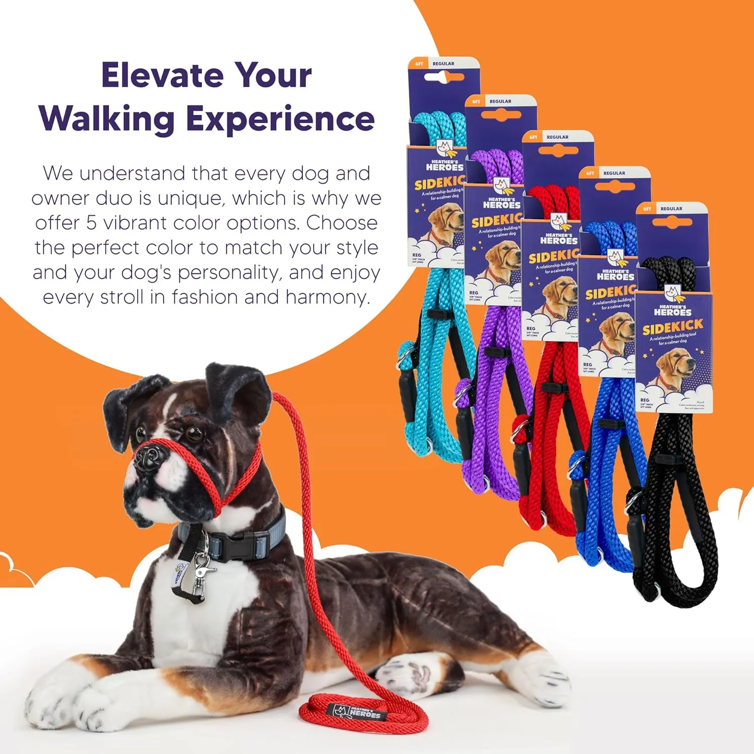 Heather's Heroes Sidekick Dog Headcollar with Leash - Sidekick Leash for Dogs, Effective Dog Training Tool for Leash Reactivity and Behavior Issues (Regular (3/8"), Red)