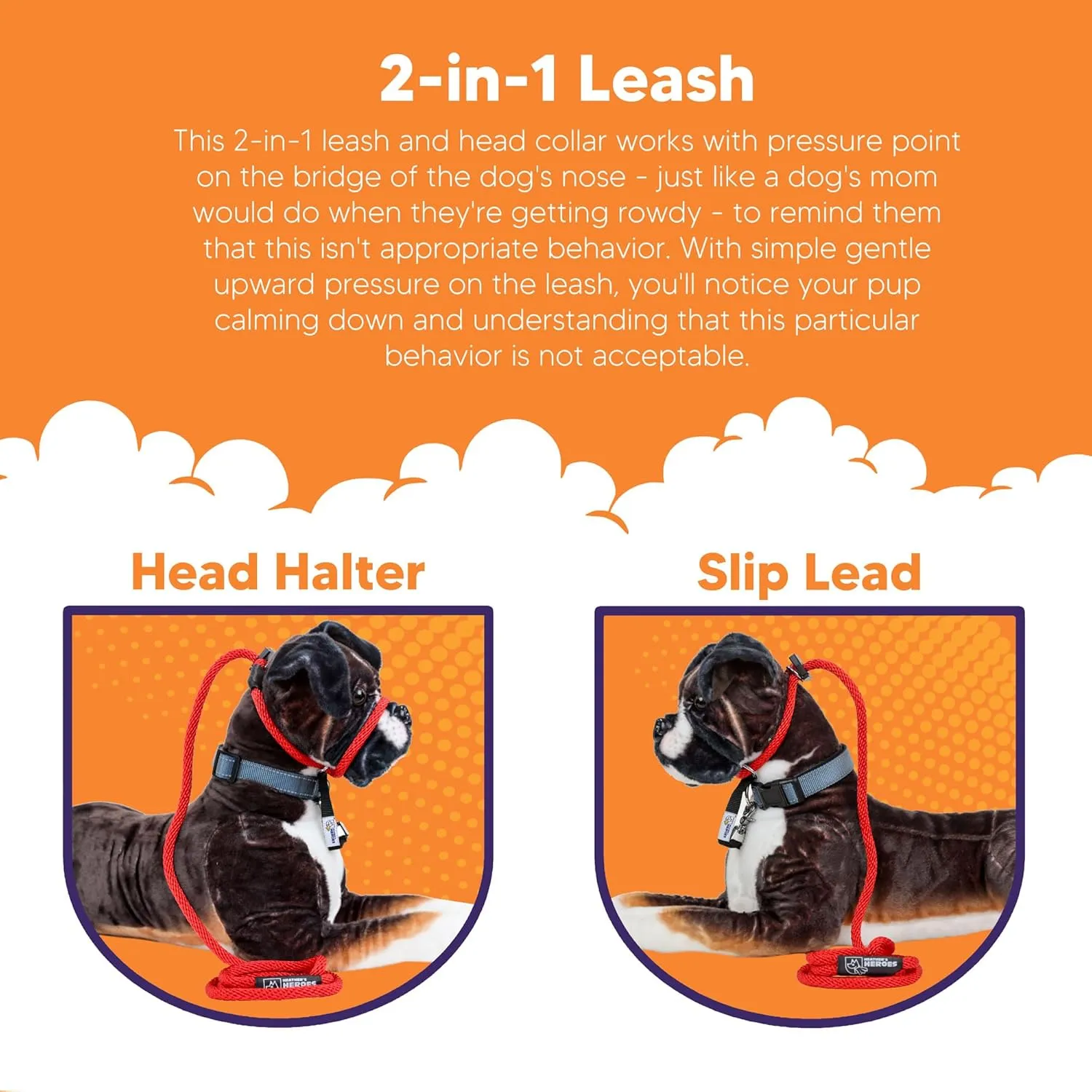 Heather's Heroes Sidekick Dog Headcollar with Leash - Sidekick Leash for Dogs, Effective Dog Training Tool for Leash Reactivity and Behavior Issues (Regular (3/8"), Red)