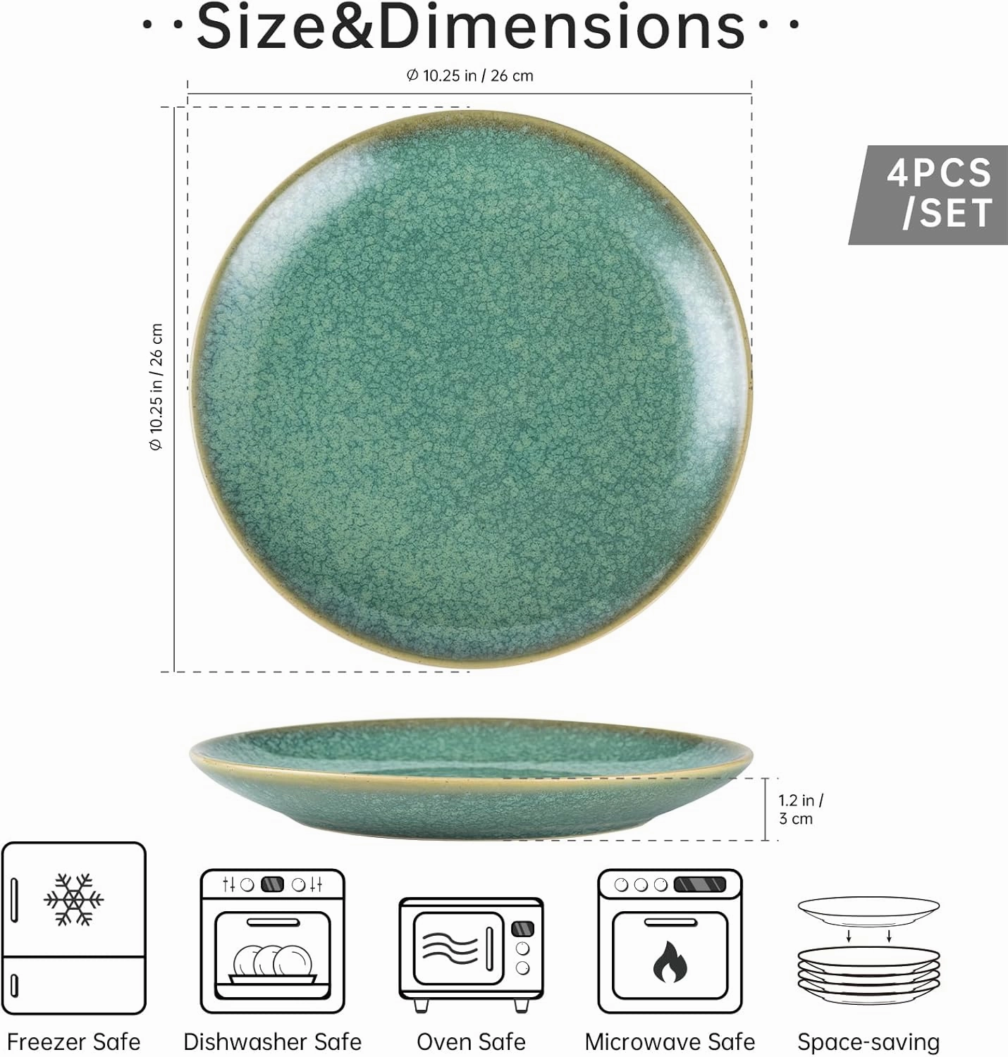 HENXFEN LEAD 10 Inch Dinner Plates Set, Porcelain Serving Dishes for Salad, Pasta, Dessert Microwave, Dishwasher Safe Plates Set of 4 - Reactive Green