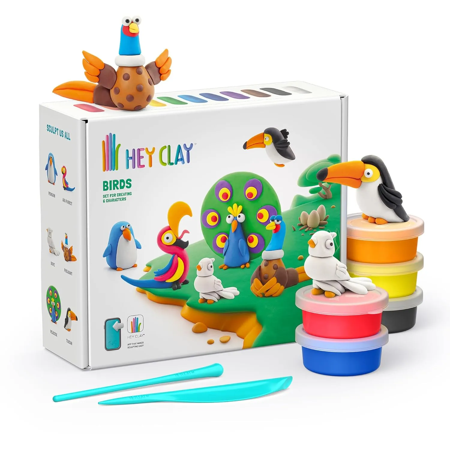 HEY CLAY Birds Set - Colourful Modeling Air Dry Clay for Kids - Air Dry Clay Kit 15 cans and Sculpting Tools with Fun Interactive Instructions App