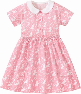HILEELANG Toddler Girl Short Sleeve Dress Cotton Casual Spring Summer Easter Applique Playwear Dresse Size 2-8 Yeras