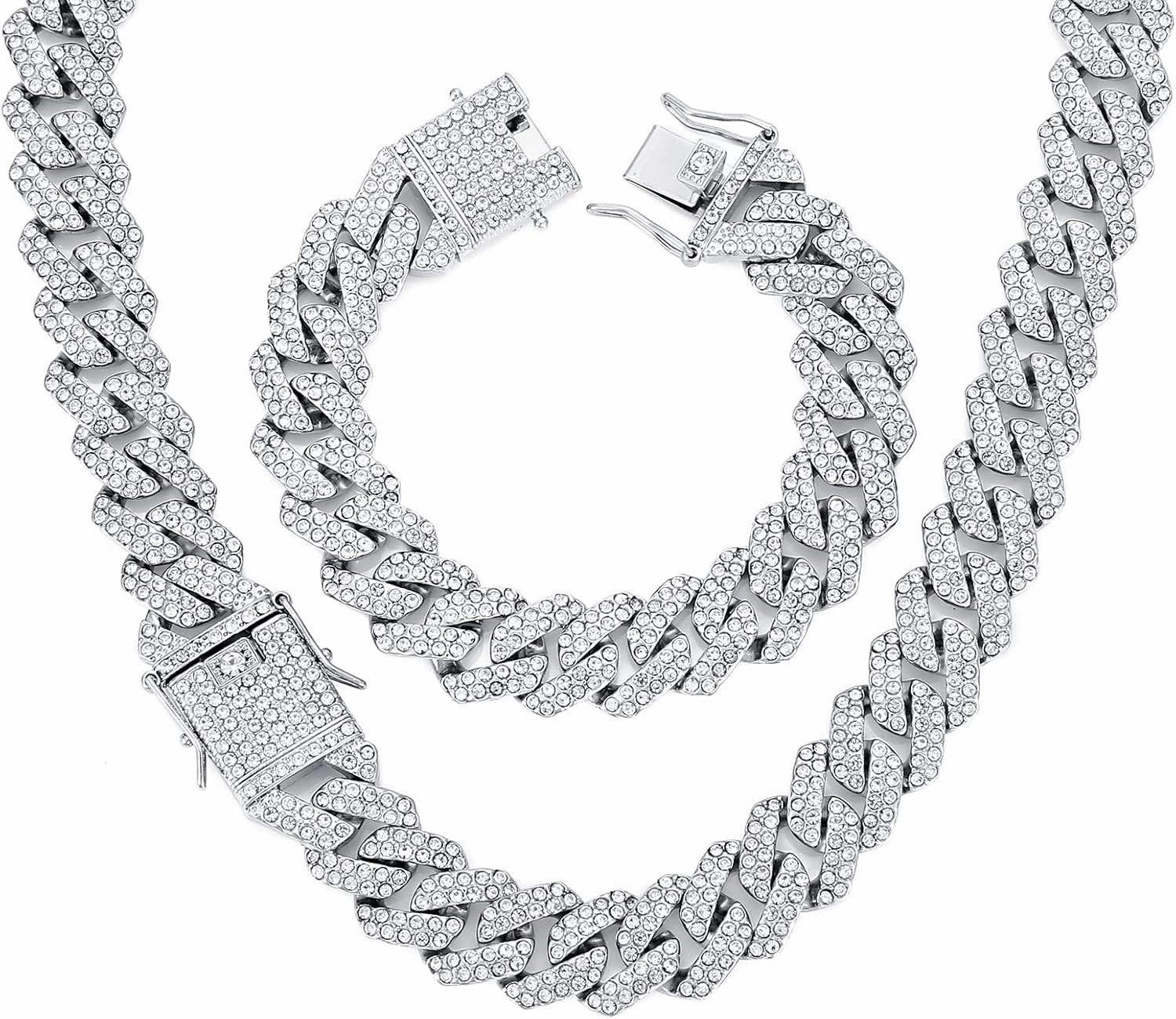 HIPBLING Miami Cuban Link Chain Bracelet Set for Men Diamond 2 Pcs Cuban Necklace Bracelet Gold Silver 20mm Iced Out Cuban Chain for Men Women Jewelry Set Gift