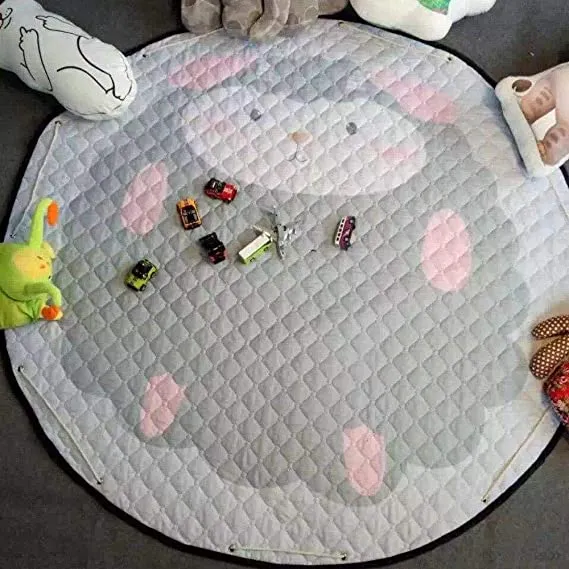 Home Canvas Multipurpose Round Kids Bunny Printed Portable Play Mat | Childrens Non Slip Bunny Printed Area Rug for Kids Room