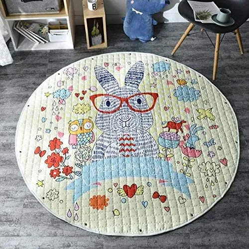 Home Canvas Multipurpose Round Kids Bunny Printed Portable Play Mat | Childrens Non Slip Bunny Printed Area Rug for Kids Room