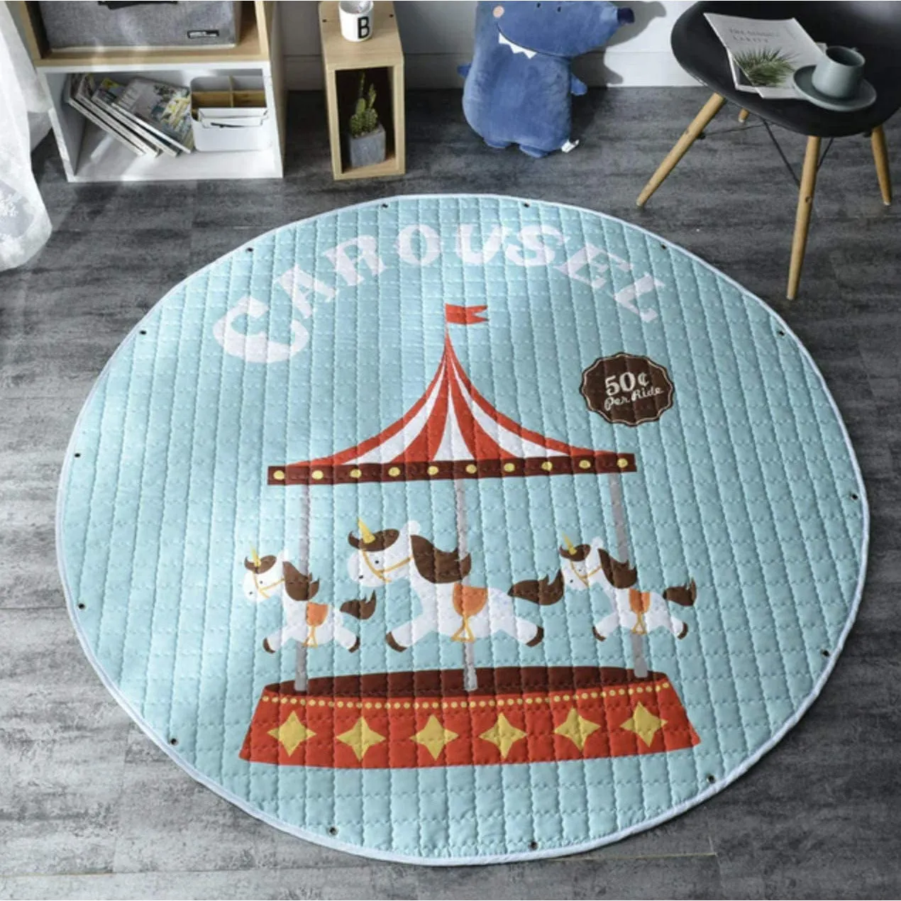 Home Canvas Multipurpose Round Kids Bunny Printed Portable Play Mat | Childrens Non Slip Bunny Printed Area Rug for Kids Room