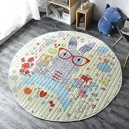 Home Canvas Multipurpose Round Kids Bunny Printed Portable Play Mat | Childrens Non Slip Bunny Printed Area Rug for Kids Room
