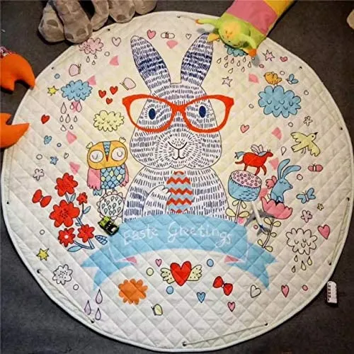 Home Canvas Multipurpose Round Kids Bunny Printed Portable Play Mat | Childrens Non Slip Bunny Printed Area Rug for Kids Room
