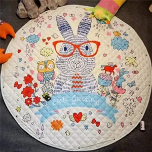 Home Canvas Multipurpose Round Kids Bunny Printed Portable Play Mat | Childrens Non Slip Bunny Printed Area Rug for Kids Room