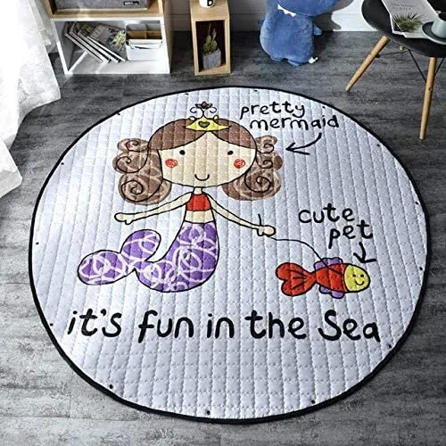 Home Canvas Multipurpose Round Kids Bunny Printed Portable Play Mat | Childrens Non Slip Bunny Printed Area Rug for Kids Room