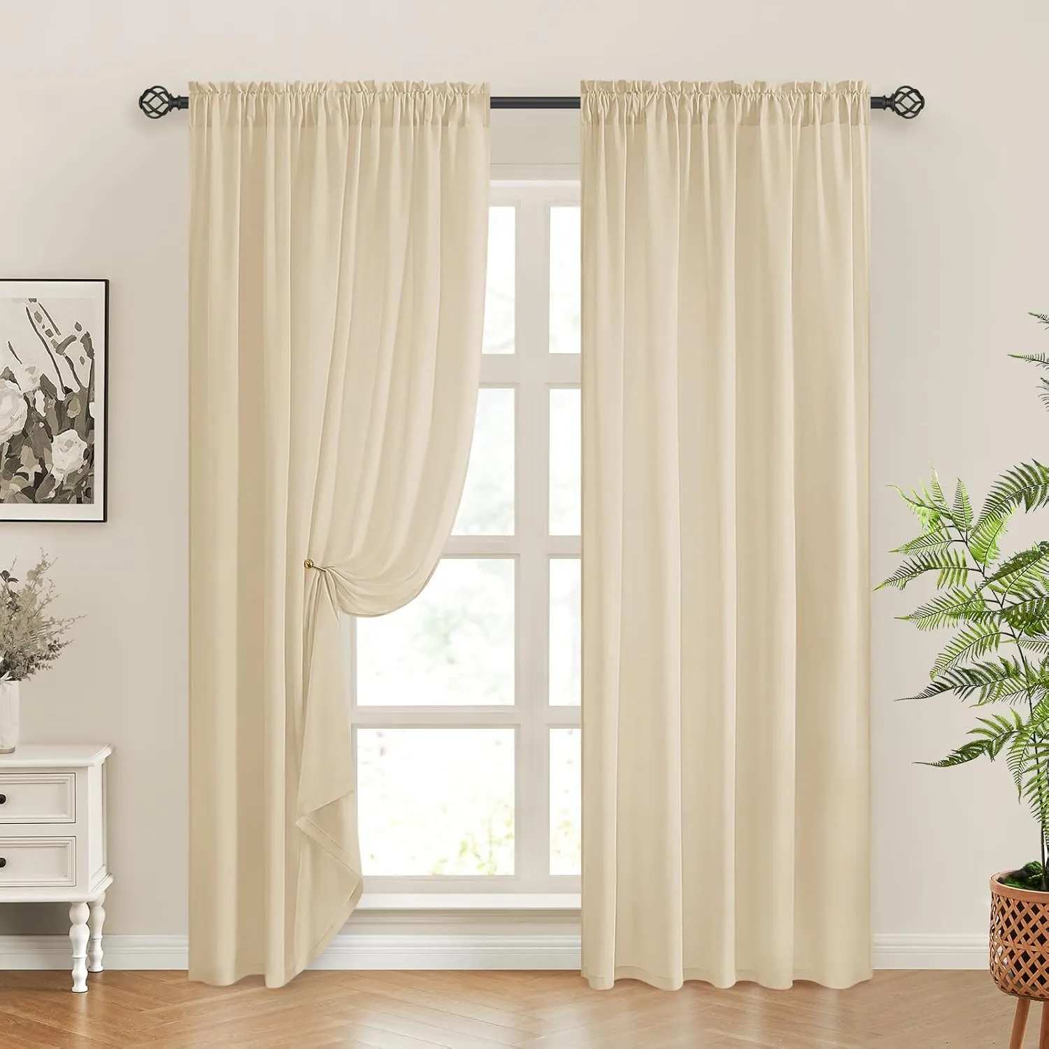 HOMEIDEAS Non-See-Through Beige Privacy Sheer Curtains, 52 X 84 Inches Long 2 Panels Taupe Sheer Curtains Light Filtering Window Drapes for Bedroom Living Room