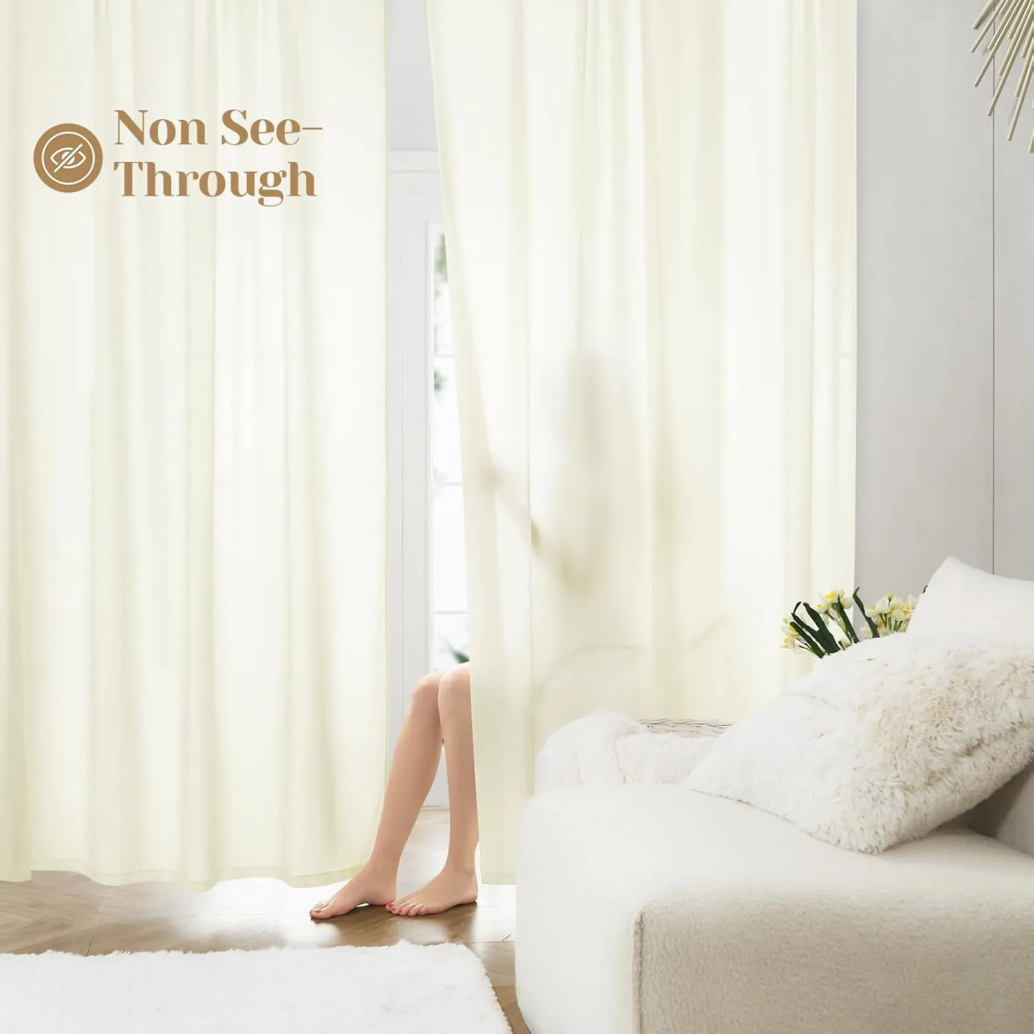HOMEIDEAS Non-See-Through Cream Yellow Privacy Sheer Curtains, 52 X 84 Inches Long 2 Panels Light Yellow Sheer Curtains Light Filtering Window Drapes for Bedroom Living Room