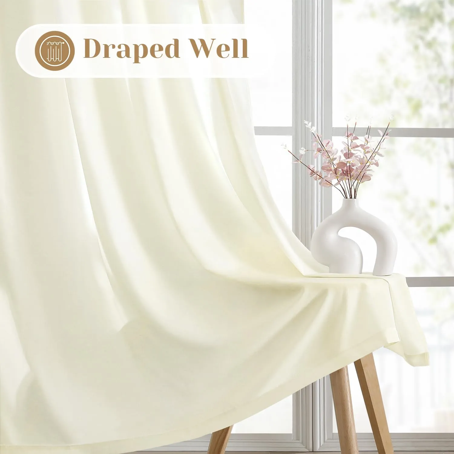 HOMEIDEAS Non-See-Through Cream Yellow Privacy Sheer Curtains, 52 X 84 Inches Long 2 Panels Light Yellow Sheer Curtains Light Filtering Window Drapes for Bedroom Living Room