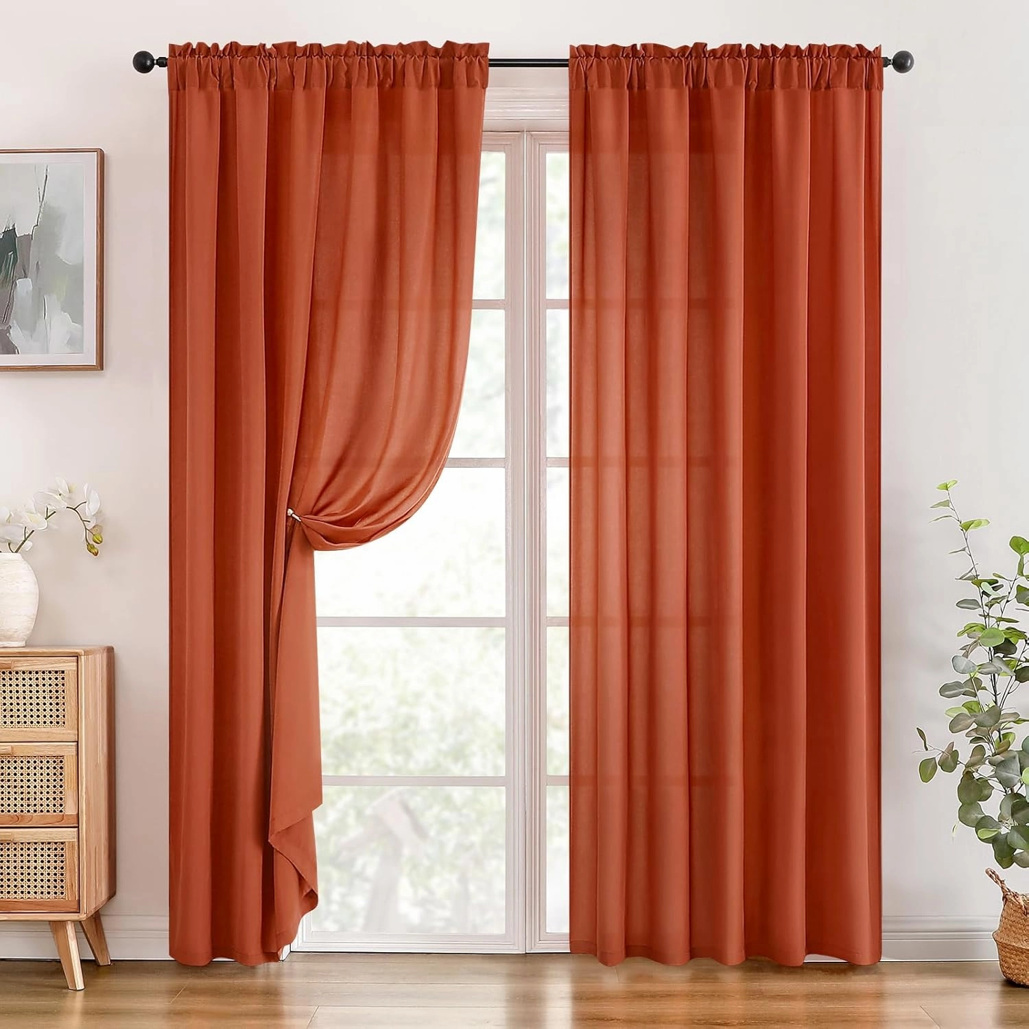 HOMEIDEAS Non-See-Through Burnt Orange Privacy Sheer Curtains, 52 X 84 Inches Long 2 Panels Sheer Curtains Light Filtering Window Drapes for Bedroom Living Room