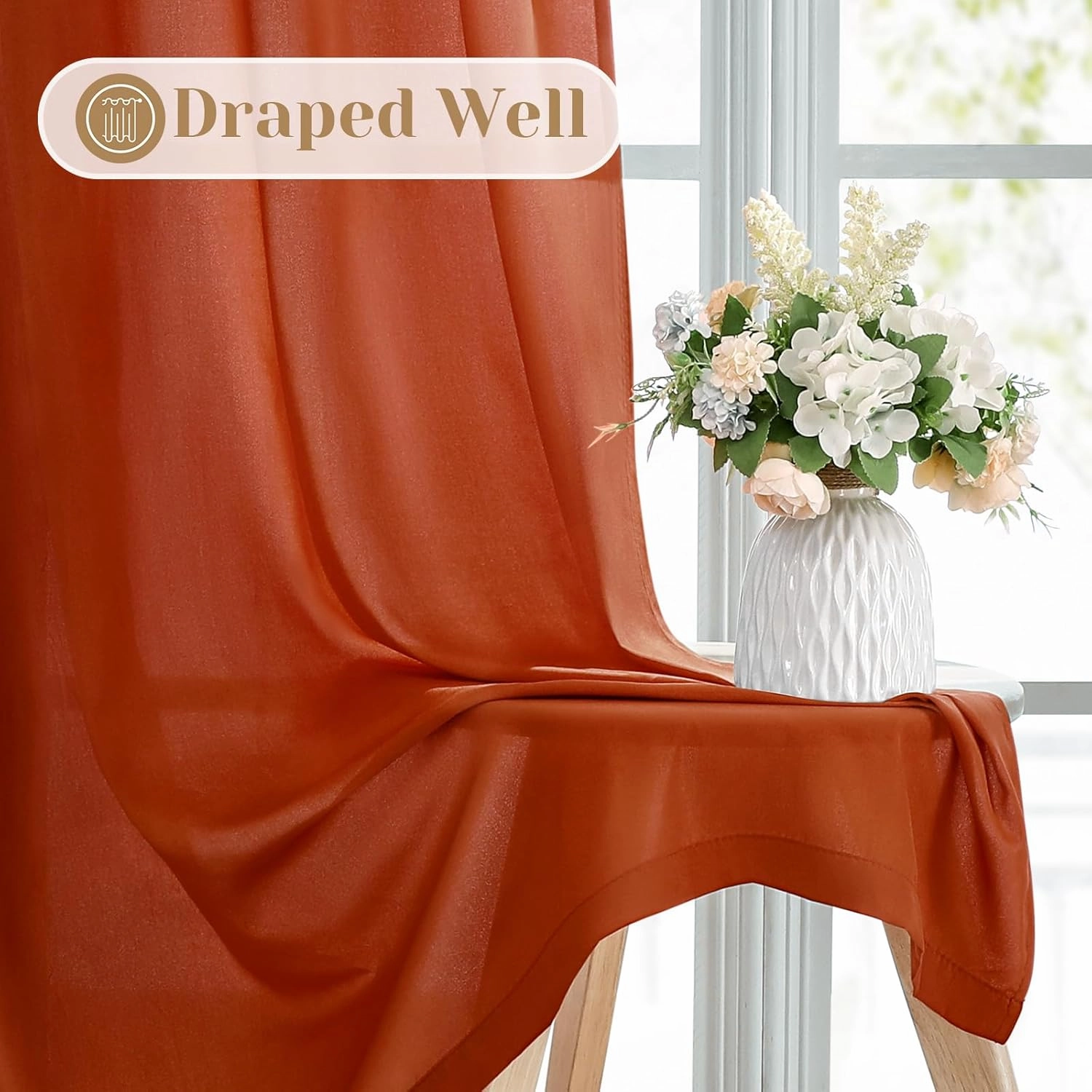 HOMEIDEAS Non-See-Through Burnt Orange Privacy Sheer Curtains, 52 X 84 Inches Long 2 Panels Sheer Curtains Light Filtering Window Drapes for Bedroom Living Room