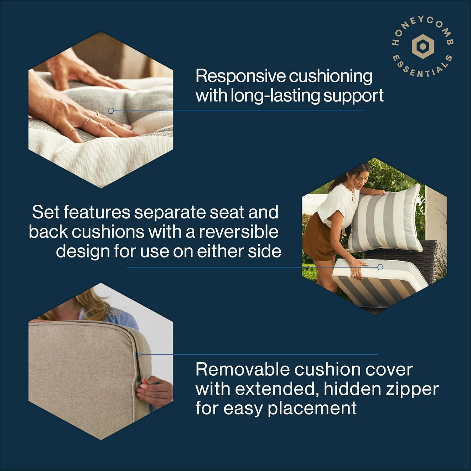 Honeycomb Essentials Outdoor Deep Seating Cushion, 24” x 24”, Hampton Texture Neutral Patio Chair Cushion