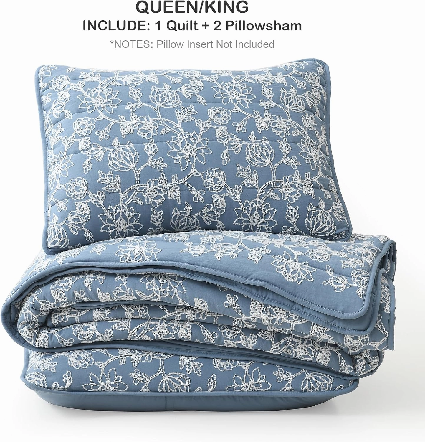 HORIMOTE HOME Floral Embroidery Quilt King Size, Blue King Quilt Bedding Set Soft Lightweight Bedspread 3 Pieces Shabby Chic Farmhouse King Size Comforter Set for All Seasons