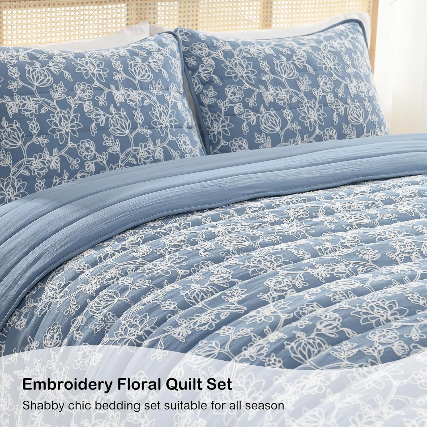 HORIMOTE HOME Floral Embroidery Quilt King Size, Blue King Quilt Bedding Set Soft Lightweight Bedspread 3 Pieces Shabby Chic Farmhouse King Size Comforter Set for All Seasons